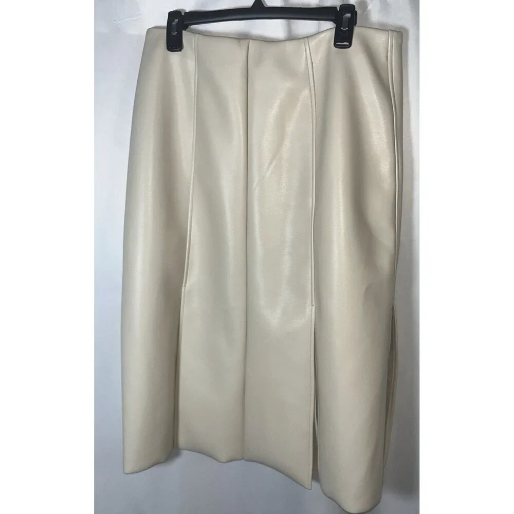 Banana Republic Seamed Vegan Leather Womens Midi Skirt Size 14 Oyster Pearl